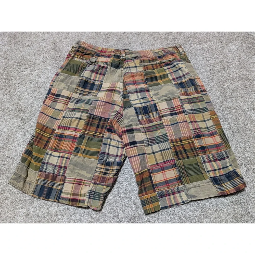 American Eagle Shorts Mens 34 Multicolor Patchwork Plaid Camo Longer Length Flat